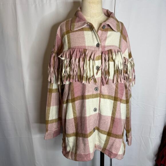 Umgee Fringe Plaid Shacket L Pink Oversized Button Front Western Boho NWT Gift - Picture 2 of 8
